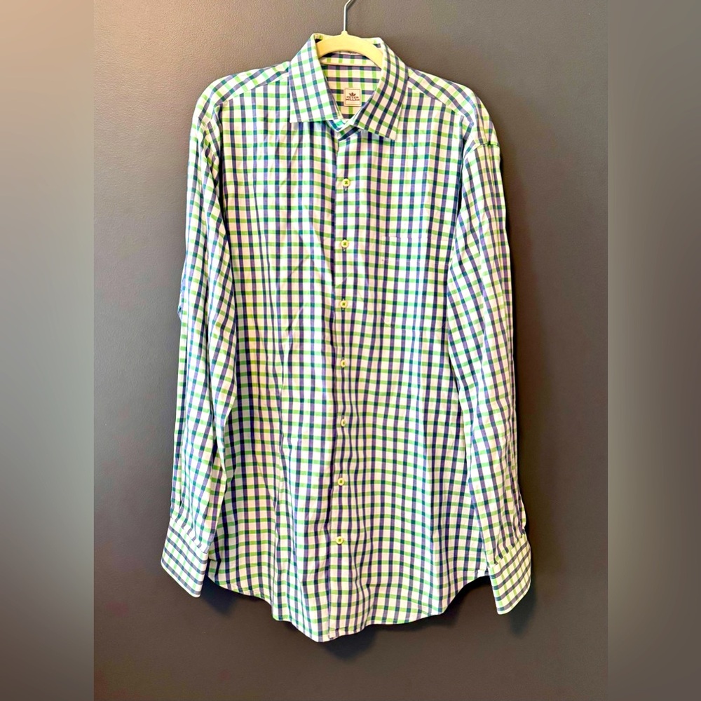 Peter Millar Summer Comfort Button Down Shirt Men's Large Blue White Green Check